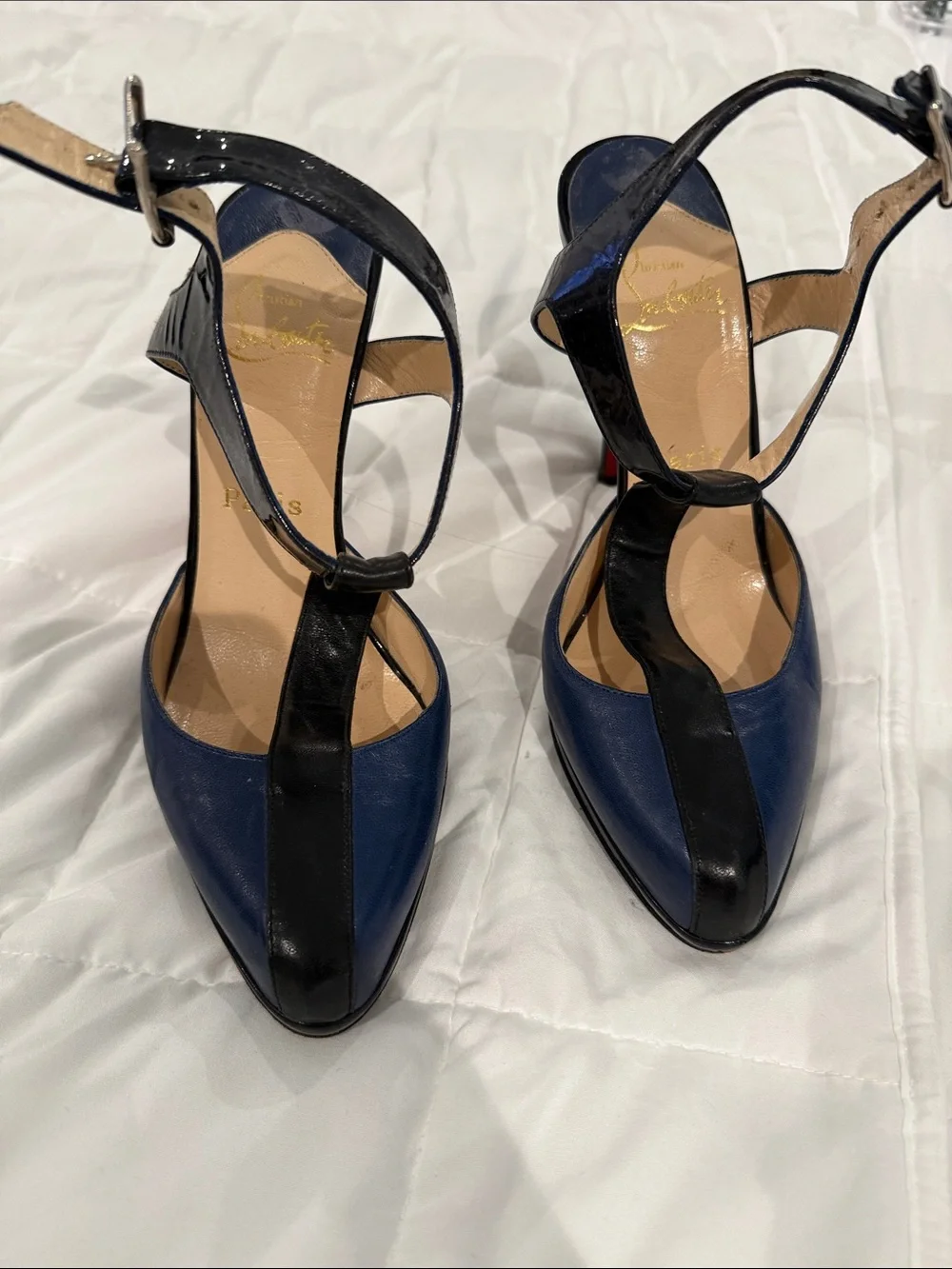 Christian Louboutin Blue and Black Leather T-Strap Pointed Pumps